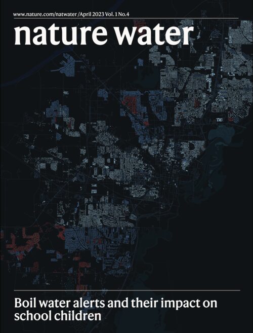 Nature Water cover, April 2023, featuring a map visualization from the Jackson Boiling study