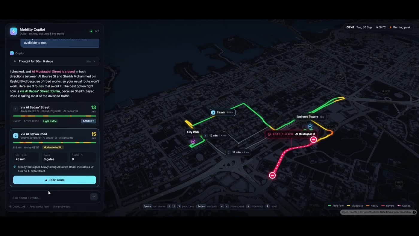Mobility Copilot comparing three routes around a closed street in Dubai, with travel times and traffic