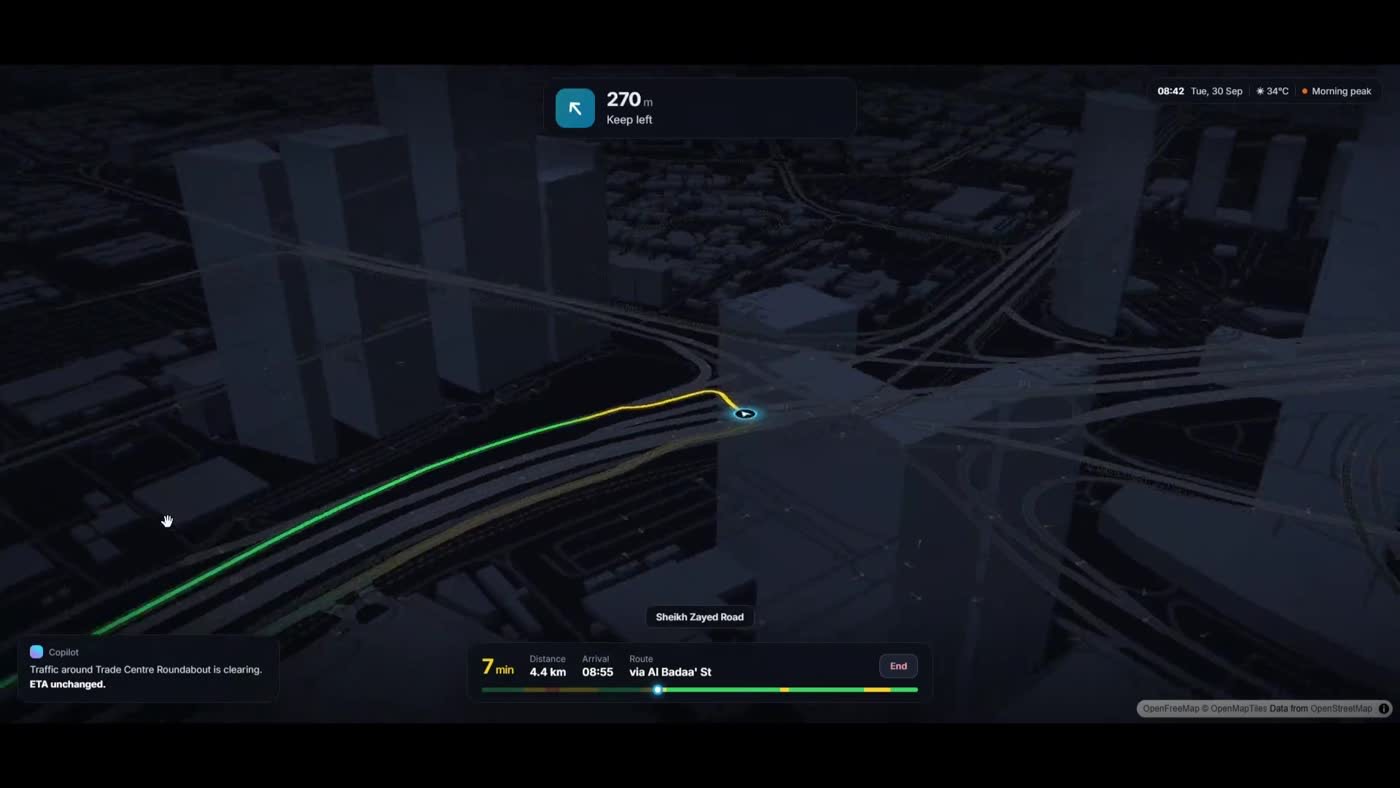 The chosen route followed at street level in a 3D view of Dubai